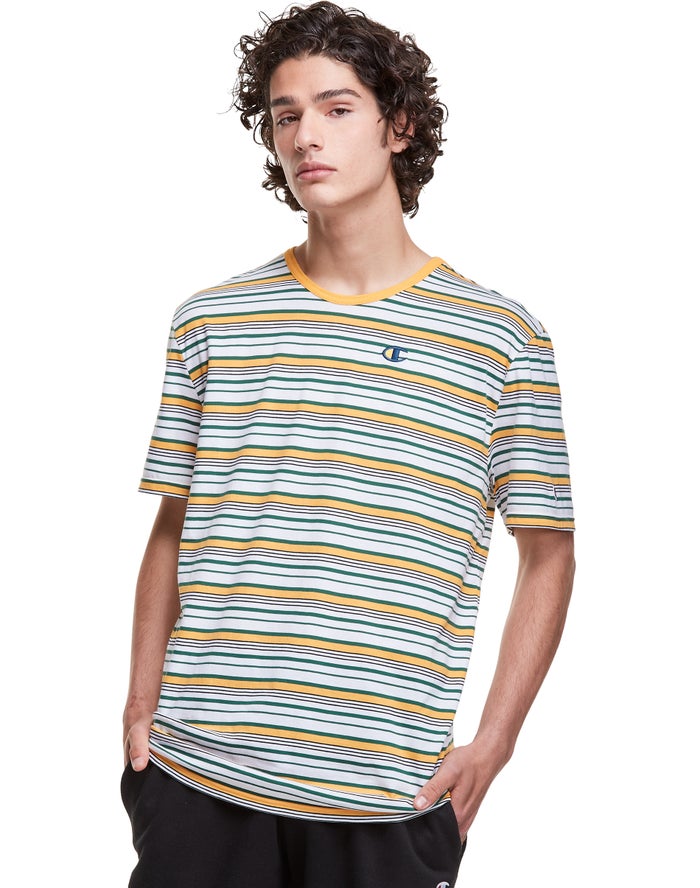 Champion Yarn-Dye Stripe C Logo T-Shirt Heren - Wit/Geel - Belgie 8354WNVEM